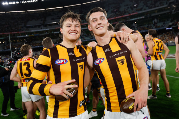 Jack Ginnivan and Connor Macdonald were all smiles after the Hawks’ win over the Western Bulldogs.