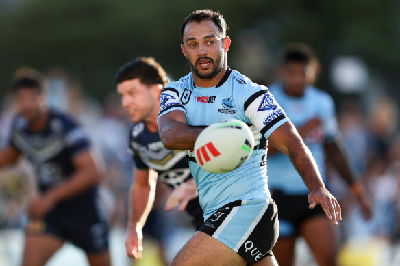 Braydon Trindall in action for Cronulla on Sunday night, just hours before he was charged by police.