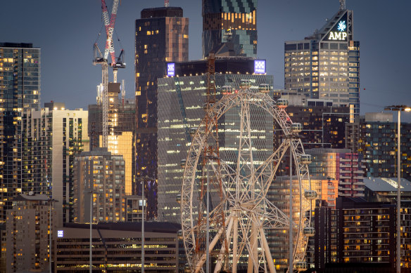 The Melbourne Star Observation Wheel stands unlit against the Docklands skyline on Monday evening.