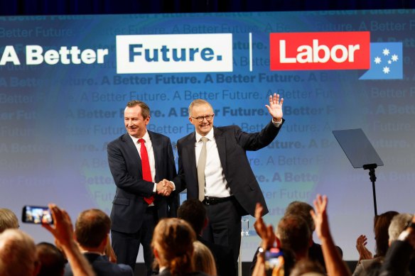 WA Premier Mark McGowan and Anthony Albanese at Labor’s campaign launch in Perth on Sunday.