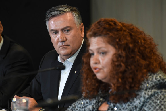 President Eddie McGuire and Collingwood integrity committee member Jodie Sizer on Monday.