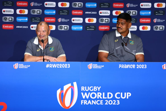 Eddie Jones and Will Skelton address the media in Paris. 