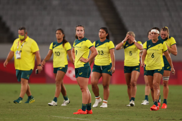 Australia’s women’s sevens team after their quarter-final loss to Fiji.