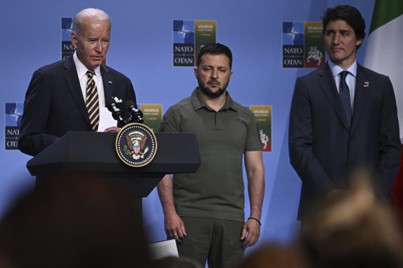 From left: US President Joe Biden speaks at an event with G7 leaders next to Ukrainian President Volodymyr Zelensky and Canada’s Prime Minister Justin Trudeau to announce a Joint Declaration of Support for Ukraine during the NATO Summit, in Vilnius, Lithuania, on July 12.