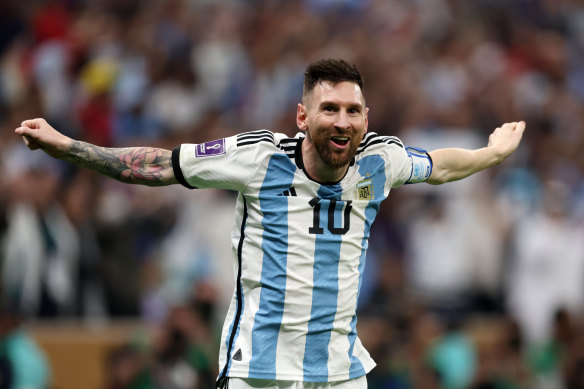 Lionel Messi of Argentina celebrates after scoring the team’s third goal.