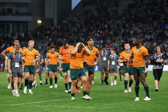 The Wallabies were dejected after losing to Fiji in Saint-Etienne.