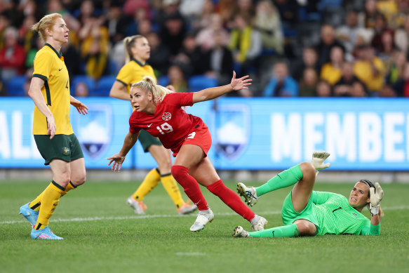 Canada’s Adriana Leon celebrates after scoring what proved to be the winner against the Matildas.