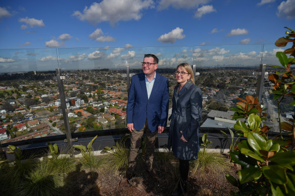 Premier Daniel Andrews and Transport Infrastructure Minister Jacinta Allan in Box Hill in August 2018 after announcing the $50 billion Suburban Rail Loop plan.
