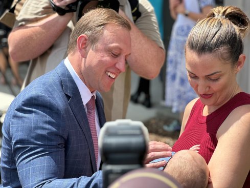 Premier Steven Miles campaigns in Rockhampton on Tuesday.