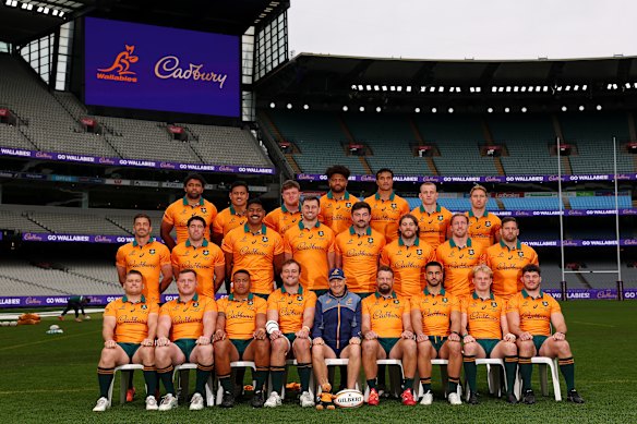 The Wallabies pose for a team photo at the MCG on Friday. 