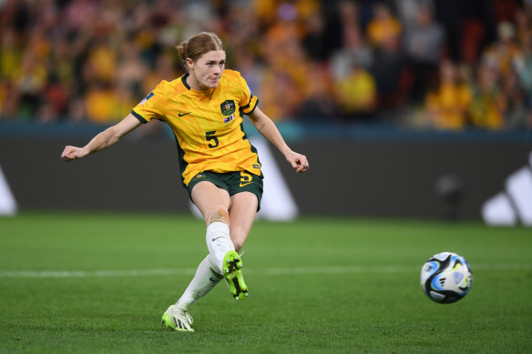 Cortnee Vine takes the decisive penalty for Australia during the quarter-final.