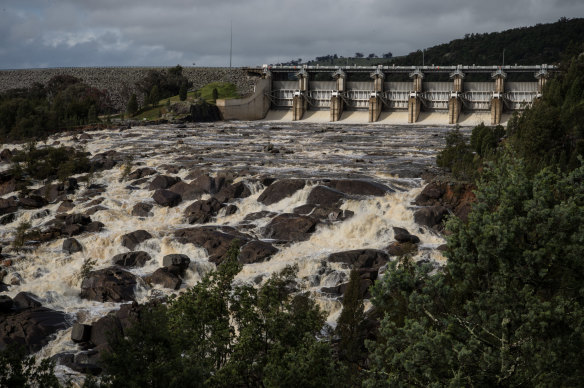 Water is released down the spillway at Wyangala Dam in 2016.