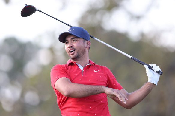 Jason Day tees off on the fourth during a successful opening round at the Houston Open.