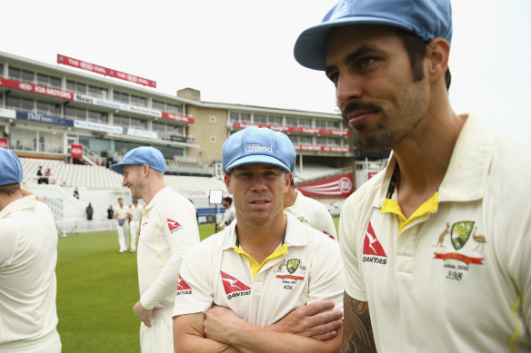 David Warner and Mitchell Johnson following a charity launch during the 2015 Ashes tour.