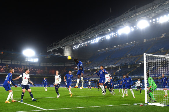Tammy Abraham of Chelsea heads the ball clear during the scoreless Premier League draw with Tottenham at Stamford Bridge.