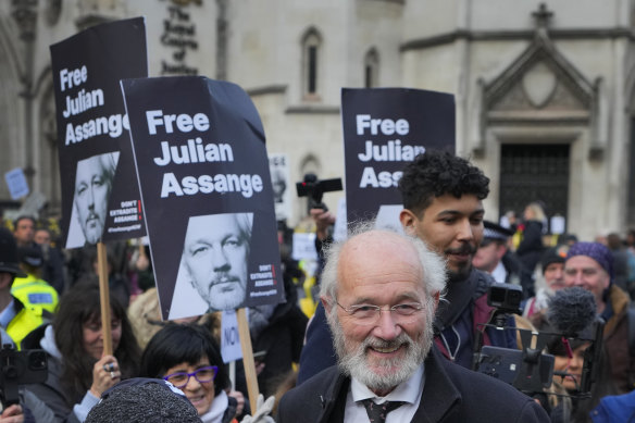 Julian Assange’s father Julian Shipton leaves the Royal Courts of Justice in London. 