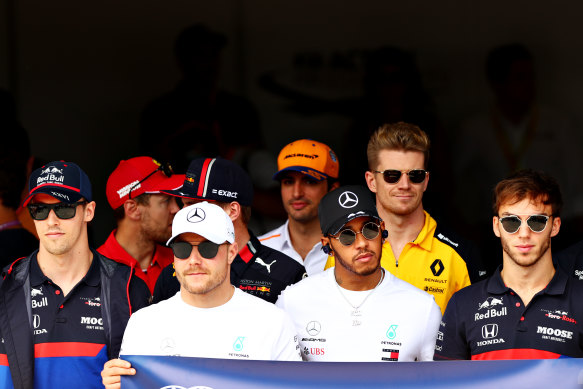 Lewis Hamilton, second from front right, was relegated at the Brazilian GP. 