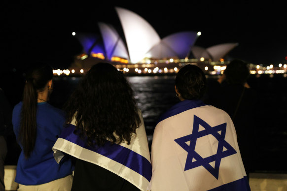 The colours of the Israeli flag were projected onto the Sydney Opera House after the Hamas terror attack in October.
