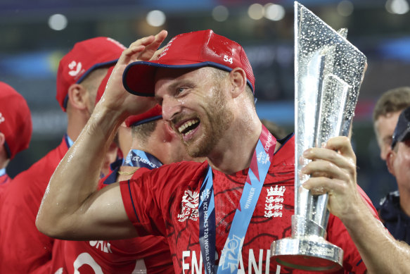England captain Jos Buttler proudly holds the Twenty20 World Cup trophy.