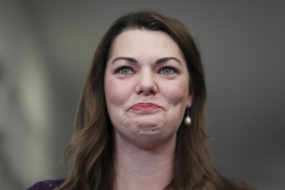 Senator Sarah Hanson-Young sheds tears addressing the media after winning her defamation case.