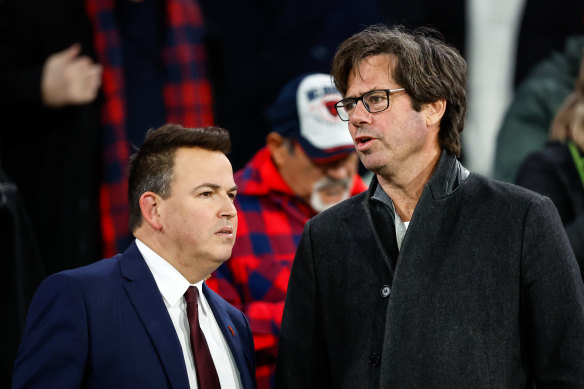 Channel 7 chief football reporter Tom Browne (pictured with AFL boss Gillon McLachlan) is departing the network for a role in the private sector.
