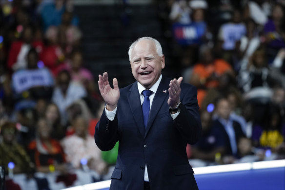 Minnesota Governor Tim Walz, the Democratic vice presidential nominee, at a campaign rally on Tuesday.