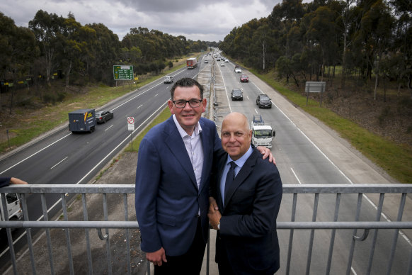Then-premier Daniel Andrews and Pallas make an announcement regarding the North East Link in Greensborough in 2018.
