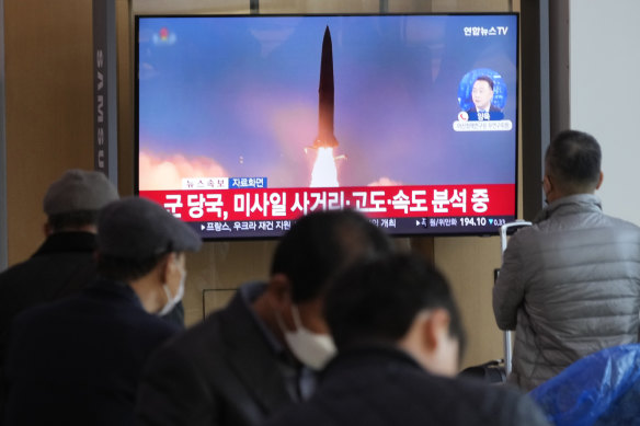 A TV at Seoul Railway Station shows North Korea’s missile launches.