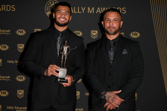 Brisbane Broncos player Payne Haas (left) and Gregor Haas arrive at the 2019 Dally M Awards at the Hordern Pavilion in Sydney