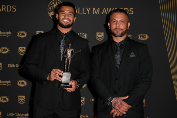 Brisbane Broncos player Payne Haas (left) and Gregor Haas at the 2019 Dally M Awards.