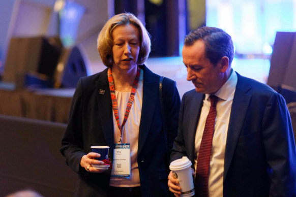 Woodside chief executive Meg O’Neal with WA Premier Mark McGowan at the APPEA conference in Perth on June 15, 2021.