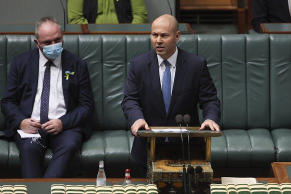 Treasurer Josh Frydenberg during the budget speech on Tuesday night.