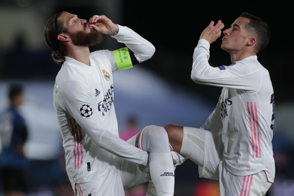 Sergio Ramos, left, celebrates his goal against Atalanta.