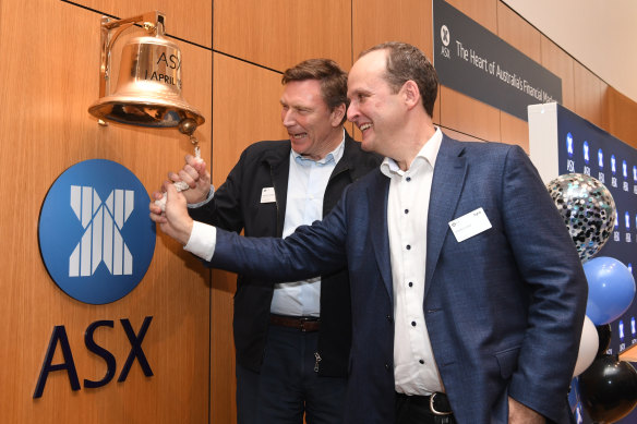Tyro Payments chairman David Thodey and CEO Robbie Cooke ringing the bell when the fintech debuted on the ASX in 2019 at $2.75.
