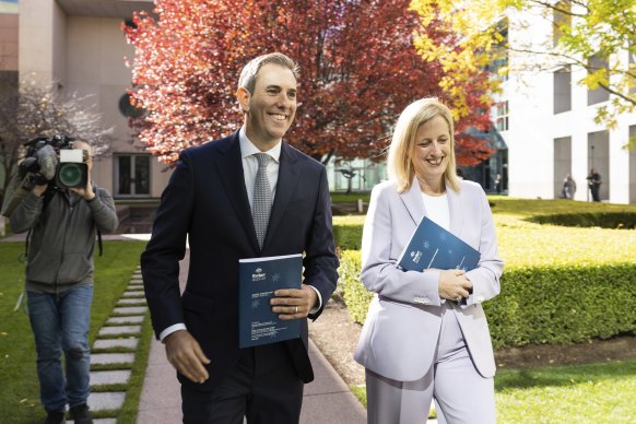 Treasurer Jim Chalmers and Finance Minister Katy Gallagher on budget day in May. The government could deliver the largest surplus in history.