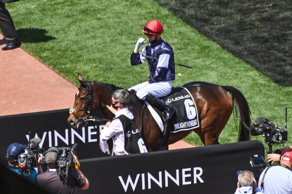 Jye McNeil on Twilight Payment after winning the Melbourne Cup