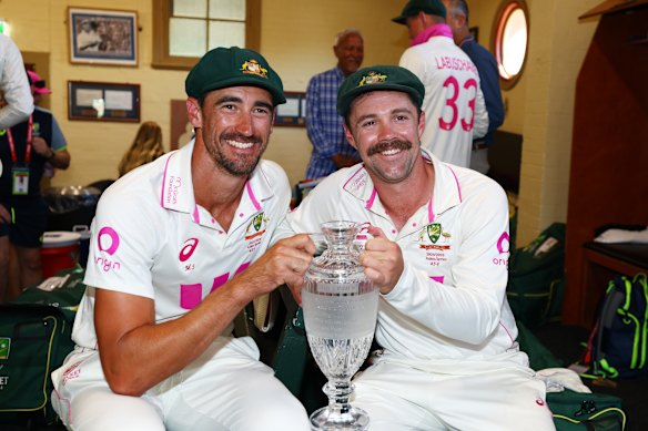 Men of the moment: Ashes destroyers Mitchell Starc and Travis Head celebrate Australia’s series victory.