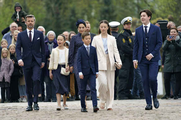 Danish Crown Prince Frederik and Crown Princess Mary with their children (from left) Josephine, Vincent, Isabella and Christian in 2021, for Christian’s confirmation at Fredensborg Castle Church.