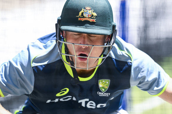 Down for the count? Marnus Labuschagne cops one low in the Adelaide Oval nets.