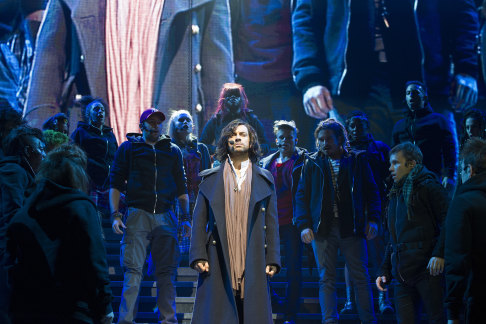 Ben Forster in a scene from Jesus Christ Superstar by Andrew Lloyd Webber and Tim Rice at O2 Arena, London.