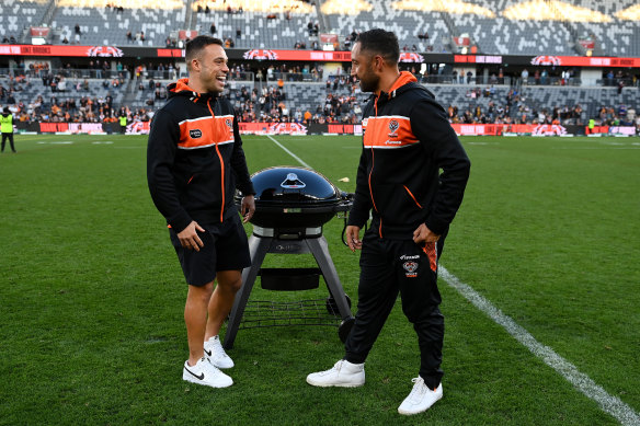 Fire up ... Luke Brooks and his parting gift from the Wests Tigers last season.