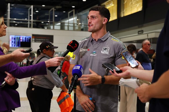 Nathan Cleary was in demand by the media at Brisbane airport on Saturday night.