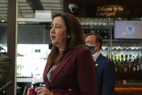 Queensland Premier Annastacia Palaszczuk speaks at the Regatta Hotel on Friday.