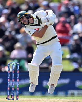 Pat Cummins avoids a bouncer during his attacking innings on day two.