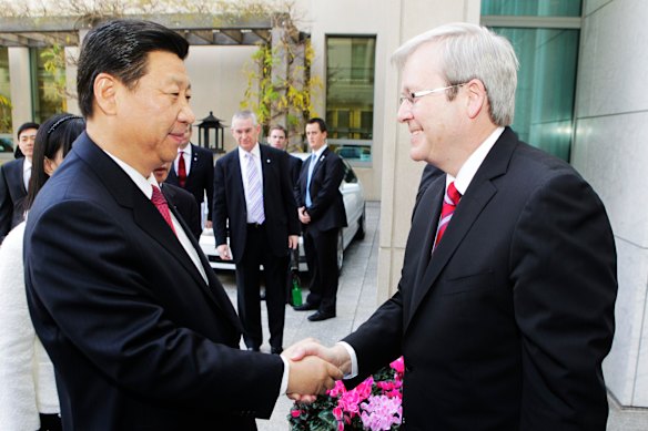 Prime Minister Kevin Rudd greeting then-vice president of China, Xi Jinping, in 2010. 