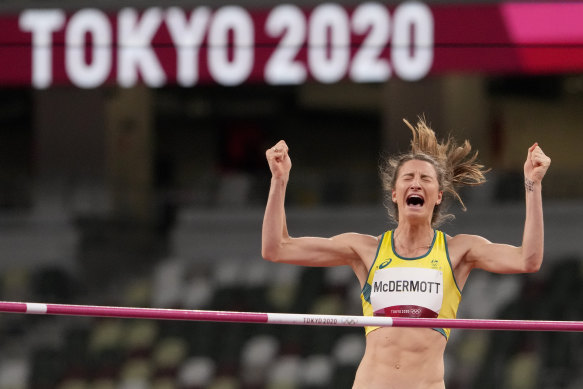 Nicola McDermott is elated after clearing the bar in the women’s high jump final.