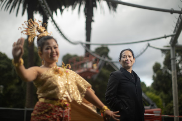 Rachaporn Choochuey, architect of this year’s MPavilion, with a Thai dancer as the pavilion takes shape. 