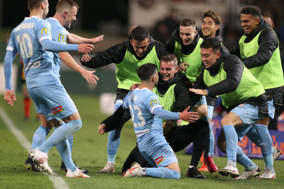 Marco Tilio celebrates his goal in Melbourne City’s 2-0 win over Macarthur, which put them through to the A-League grand final.