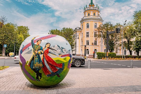 An apple sculpture in Almaty, Kazakhstan.