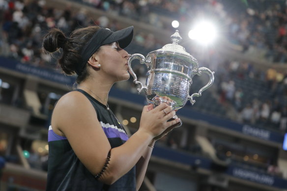 Bianca Andreescu of Canada celebrates  after beating Serena Williams in the 2019 US Open final. 